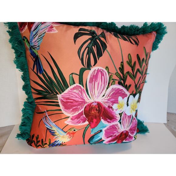 Teal Orange Pink Decorative Throw Pillow 18X18 Tropical Floral Hummingbird - Picture 2 of 7